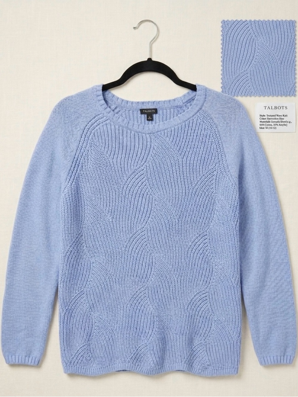 Talbots Women’s Pastel Blue Textured Cable-Knit Crewneck Sweater - size medium